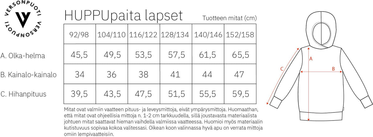 Verson Puoti Huppupaita koko/mittataulukko