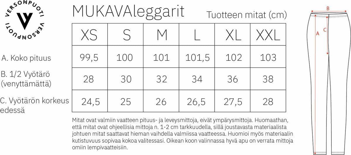 Versonpuoti Mukava-leggings naiset mittataulukko
