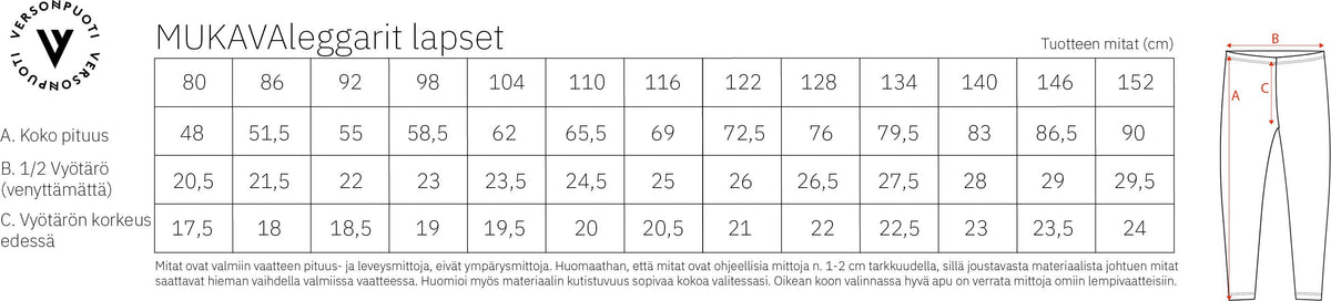 Verson Puoti Mukava-leggings lapset koko/mittataulukko