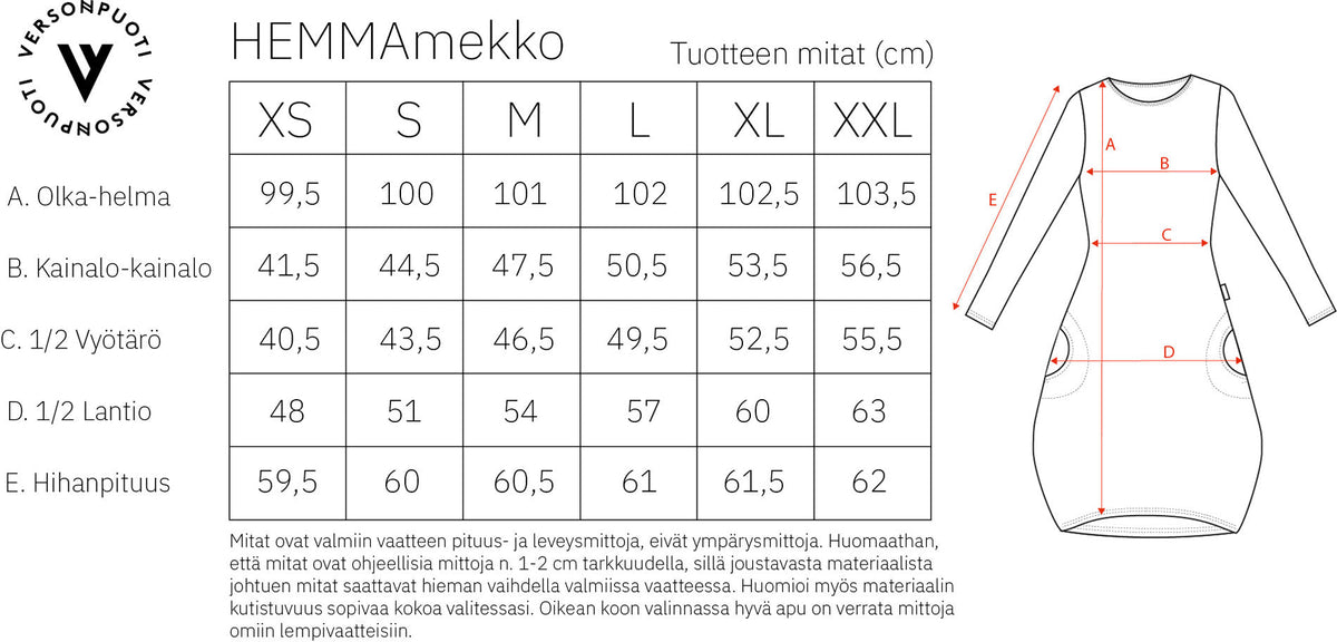 Versonpuodin Hemma-mekko mittataulukko