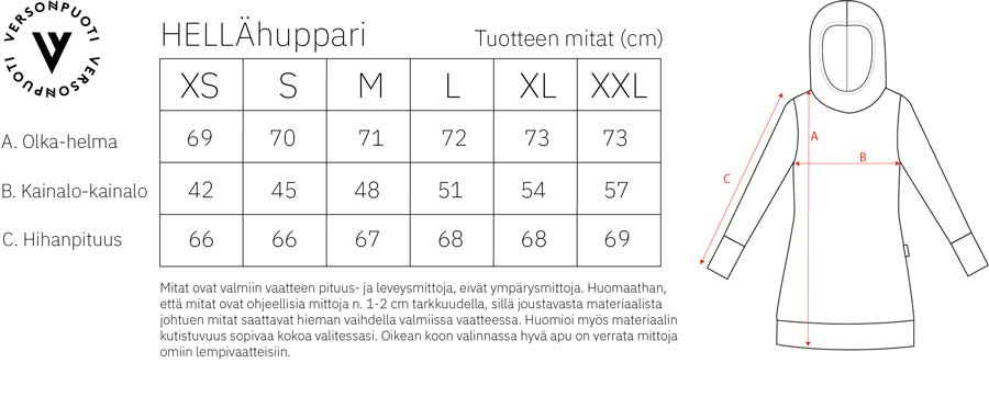 Versonpuodin Hellä-huppari mittataulukko