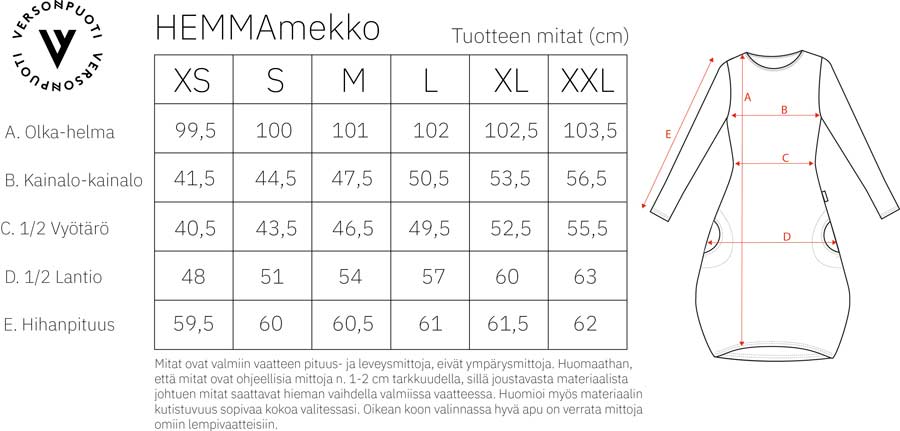 Versonpuoti Hemma-mekko mittataulukko
