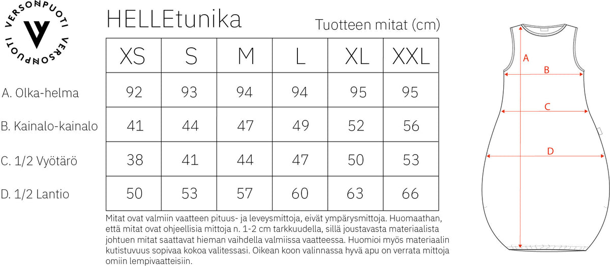 Versonpuoti Helle-tunika mittataulukko