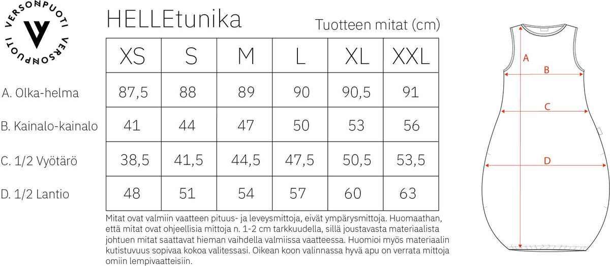 Verson Puoti Helletunika mittataulukko/kokotaulukko