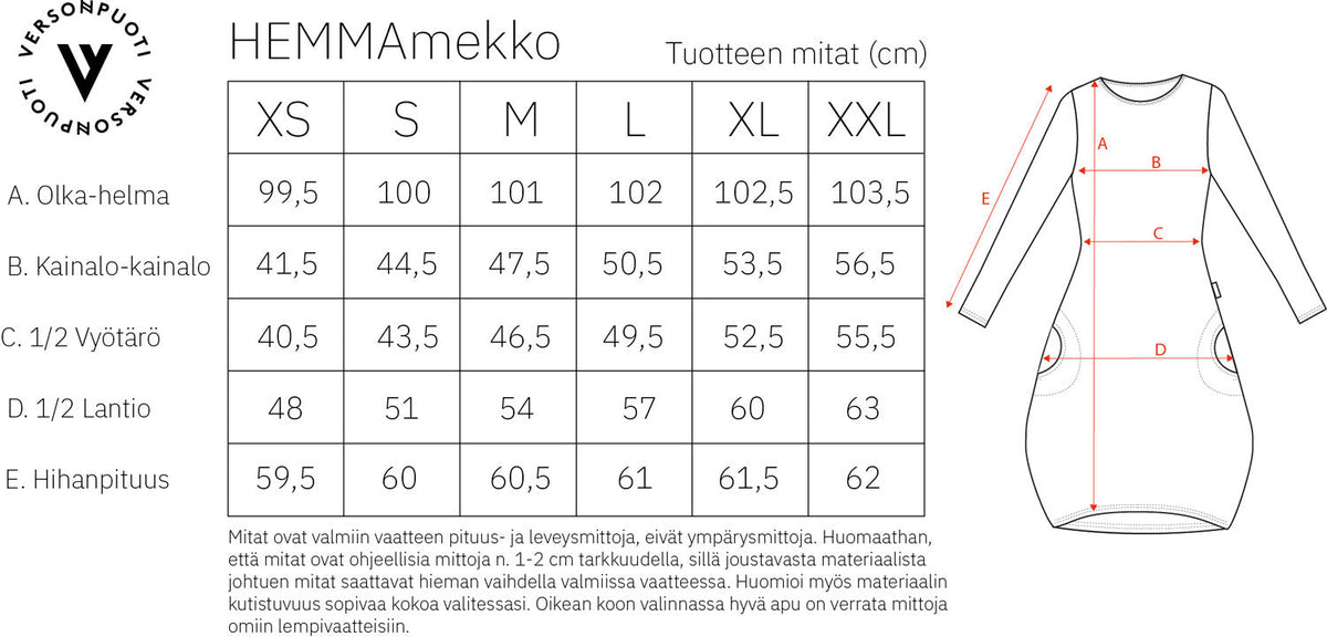 Verson Puoti Hemma-mekko koko/mittataulukko