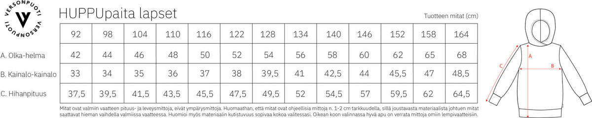 Versonpuoti Huppupaita mittataulukko