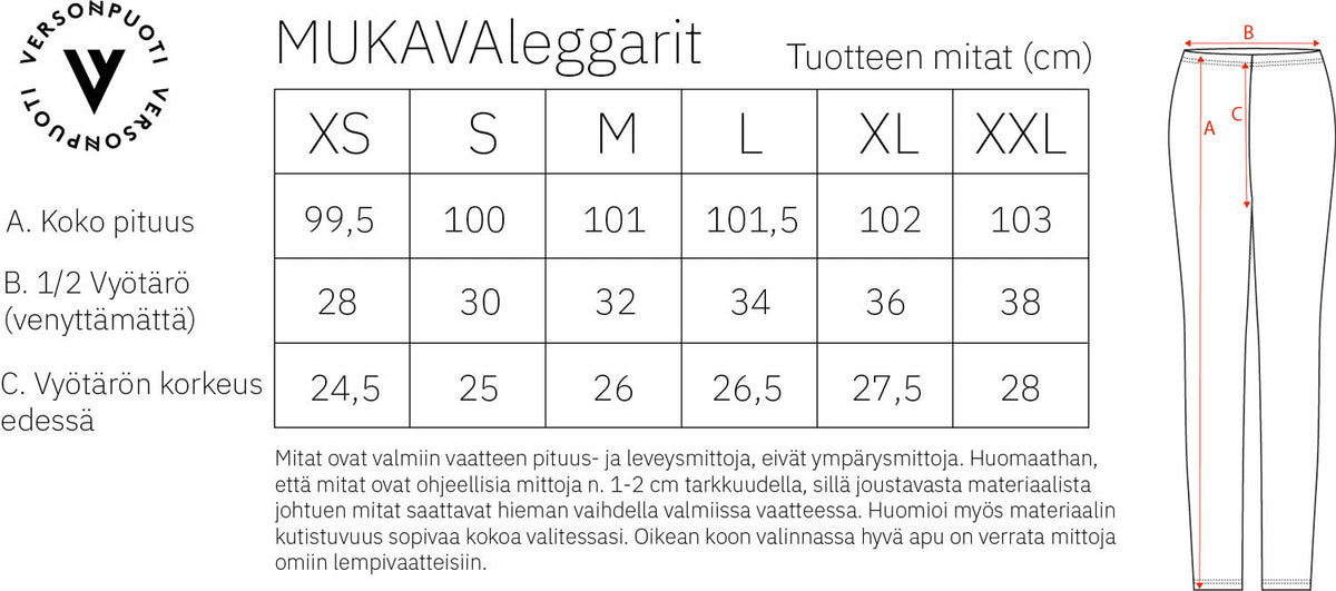Versonpuodin mukava leggins mittataulukko